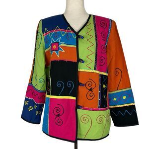Indigo Moon Jacket Women Medium Patchwork Embroidered Retro Art to Wear Boho